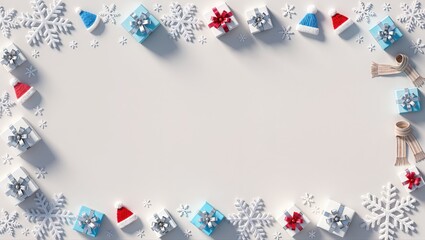 Colorful wrapped gifts and snowflakes celebrate the season
