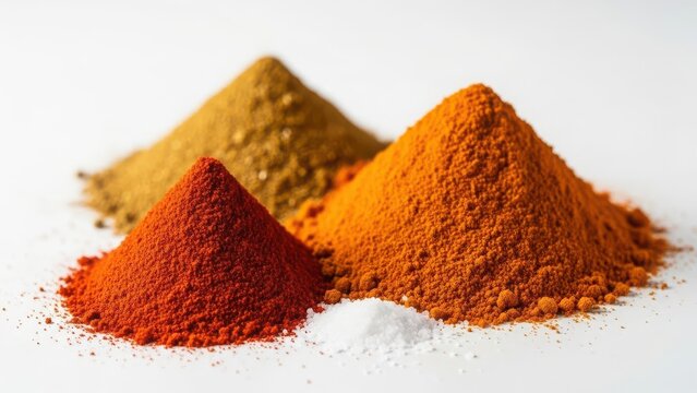Vibrant piles of colorful ground spices including paprika turmeric and chili powder creating an aromatic culinary background on white - Powered by Adobe