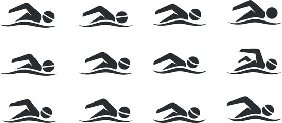Set of minimalist black and white vector icons depicting various swimming strokes for fitness and sports design projects