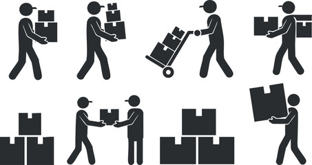Set of minimalist black and white vector icons depicting various actions of workers handling boxes and packages in a logistics context
