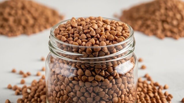 Close up of a glass jar filled with roasted buckwheat groats surrounded by more grains on a light surface - Powered by Adobe