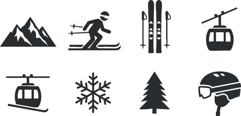 Set of minimalist black and white vector icons depicting skiing, mountains, ski lifts, and winter sports elements for branding and design projects