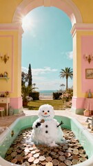 Snowman Relaxing in a Luxury Pool Filled with Coins