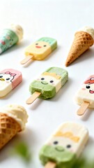 Cute Ice Cream and Popsicle Characters on White Background