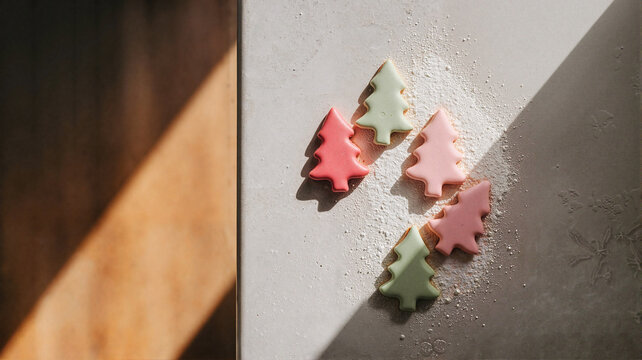 Christmas tree-shaped cookies with pastel icing on countertop  