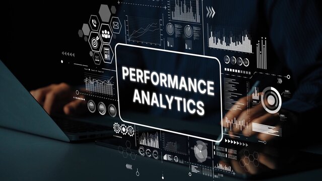 Data visualization concept showcasing performance analytics with graphs, charts, and digital elements on a laptop screen. Asymptotic smart data analytic. - Powered by Adobe