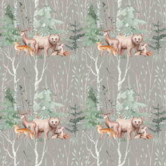 Watercolor Woodland animals seamless pattern. Fabric wallpaper forest with baby deer. Owl, fox and butterfly, Bunny rabbit set of forest, bear and bird baby animal Nursery