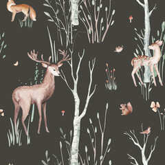 Watercolor Woodland animals seamless pattern. Fabric wallpaper forest with baby deer. Owl, fox and butterfly, Bunny rabbit set of forest, bear and bird baby animal Nursery