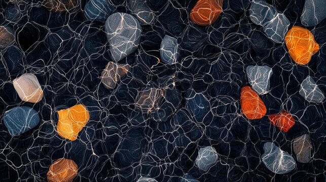 An abstract image showing colorful pebbles partially submerged in dark water, with a network of interconnected lines overlaying the scene.