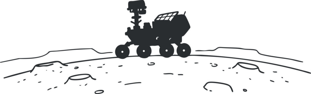 Minimalist black and white vector illustration of a lunar rover exploring the moon's surface for science and research projects