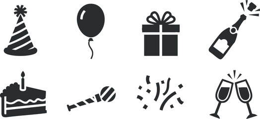 Festive vector icon set featuring party elements like balloons, cake, gifts, champagne, and confetti for celebration themes