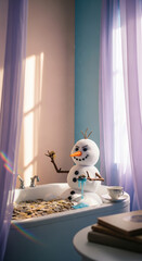 Snowman Relaxing in Bathtub Filled with Coins Indoors