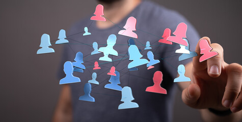 Concept of social network and communication. Digital connect of people and technology. Hand touch...