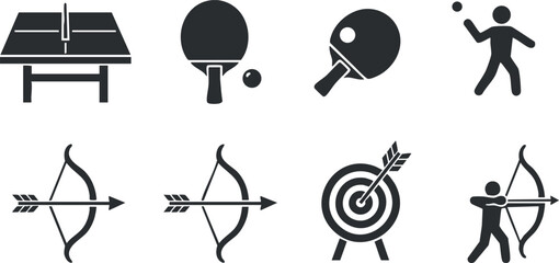 Set of minimalist black and white vector icons depicting sports activities including ping pong and archery for design projects