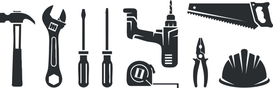 Silhouette vector icon set featuring various tools including a hammer, wrench, and safety hard hat for construction and repair projects