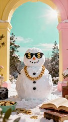 Snowman with Gold Chains and Dollar Sunglasses in Sunny Winter Scene