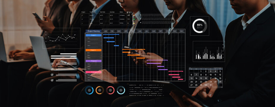 A project management dashboard for business. The interface features a Gantt chart to visualize the project timeline, task scheduling, and overall progress for efficient workflow. Fermion