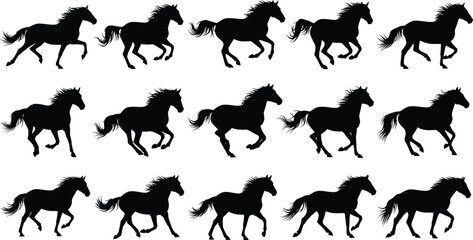 Fototapeta premium Collection of fifteen black silhouette icons depicting a horse in various stages of running motion