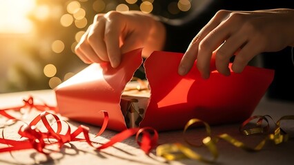 Excitedly unwrapping a vibrant red Christmas present, anticipating holiday joy and festive cheer with sparkling ribbons in the warm light of celebration