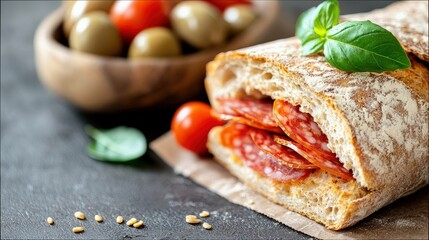 Close-up of a salami sandwich with olives, tomatoes, and basil on a dark surface, showcasing delicious food.