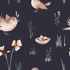 Watercolor Woodland birds seamless pattern. Fabric wallpaper forest with baby bird and nets, Floral flower forest, Nursery background