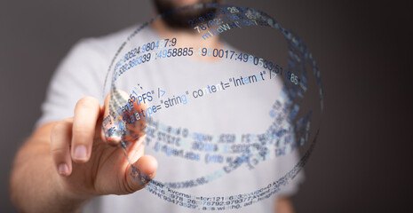 A man's hand interacts with a sphere of digital data, symbolizing innovation, connection, and the future. Great for tech, AI, and cyb