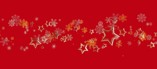 Christmas background with gold stars and snowflakes floating on a red backdrop. Perfect for holiday designs and festive celebrations.