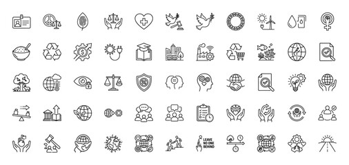 Sustainability and environmental line icon set. Vector pictograms of renewable energy, peace, education, and social equality, thin linear illustration.