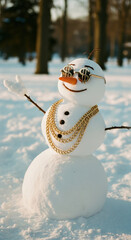 Snowman with Gold Chains and Dollar Sunglasses Outdoors