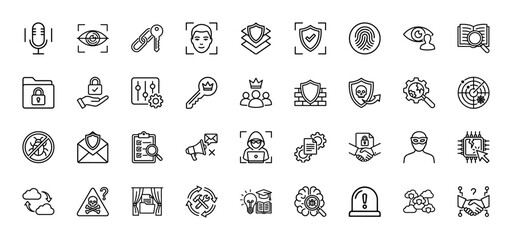 Cyber security and privacy line icon set. Vector pictograms of fingerprint, key, lock, shield, and data protection, thin linear illustration.
