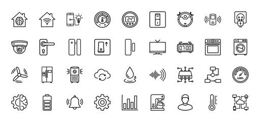 Smart home and internet of things line icon set. Vector pictograms of thermostat, security camera, light bulb, door lock, and smart plug, thin linear illustration.