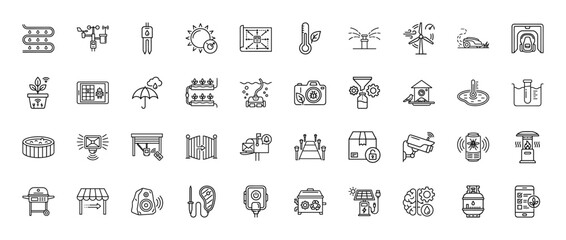 Fototapeta premium Smart home and gardening automation line icon set. Vector pictograms of irrigation, temperature, security, and robot devices, thin linear illustration.