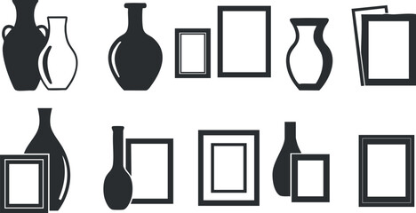 Stylish vector collection of vases and picture frames in minimalist black and white design for home decor projects