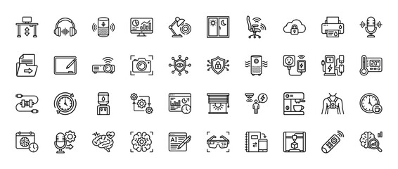 Fototapeta premium Smart home and internet of things line icon set. Vector pictograms of thermostat, smart speaker, augmented reality glasses, and robotic devices, thin linear illustration.