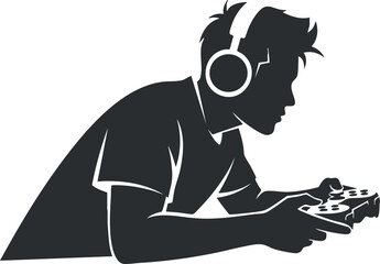 Silhouette vector illustration of a gamer wearing headphones, engaged in playing video games with a controller, ideal for gaming-related designs.