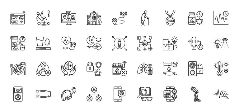 Assistive technology line icon set. Vector pictograms of fall detection, telemedicine, sos, medication, smart home, hearing aid, prosthetics, thin linear illustration.