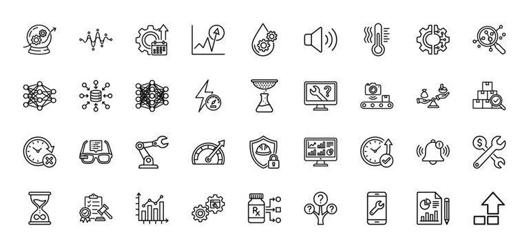 Predictive maintenance and smart industry line icon set. Vector pictograms of neural network, robotic arm, gears, sensors, analysis, thin linear illustration.