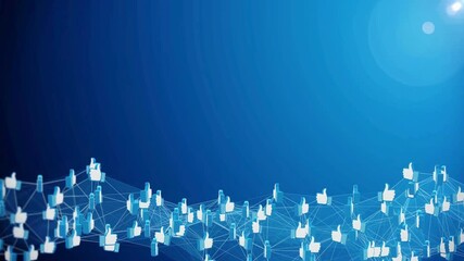 Abstract social network animation with interconnected thumbs up symbols showing approval and popularity on a blue background with space for text - Powered by Adobe