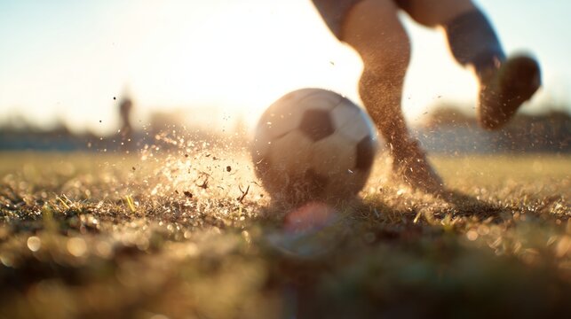 Soccer player kicks ball on field during sunset creating a dramatic scene