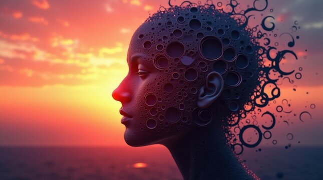 Cabeza abstracta fragmentada con capas anidadas, recortada contra un atardecer, profundidad de IA conceptual