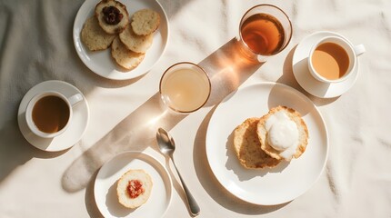 Elegant and Minimalist Overhead View of a Curated Breakfast Set on Soft Linen