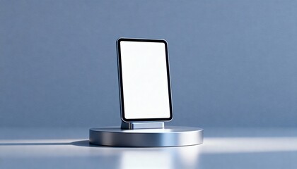 Digital tablet with blank display standing upright on minimal pedesta