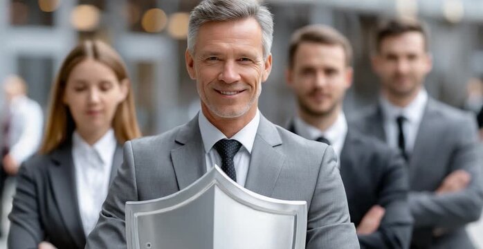 Leadership and Protection: A distinguished leader, holding a shield, confidently stands at the forefront of a united team, ready to protect and navigate challenges ahead.