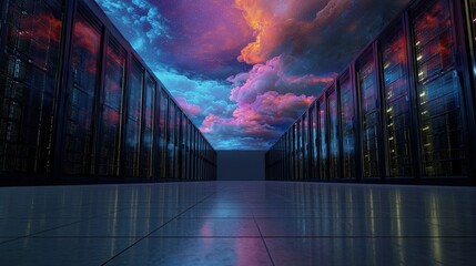 Futuristic Server Room A vast AI server room holographic data clouds and glowing streams of light flow between black server racks
