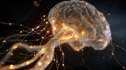 A complex AI brain made of luminous golden neural pathways animated with flowing data and sparkling nodes