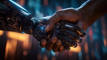 Human hand shaking a sleek robotic hand symbolizing AI collaboration futuristic technology background glowing data streams cinematic lighting ultra-realistic