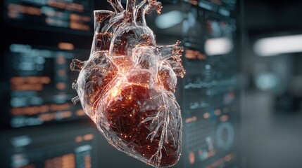 An advanced medical AI visualized as a translucent neural network diagnosing a patient's 3D heart scan with data overlays