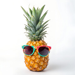 One whole hipster pineapple with sunglasses isolated, A fun pineapple with glasses against a white background, exotic fruit contrasting with the smooth background.