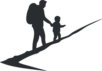 Silhouette vector illustration of a father and child hiking together, perfect for outdoor adventure themes and family activities