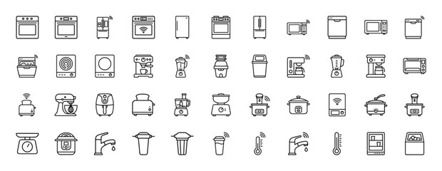 Smart home appliances and kitchen gadgets line icon set. Vector pictograms of oven, dishwasher, blender, coffee maker, and faucet, thin linear illustration.